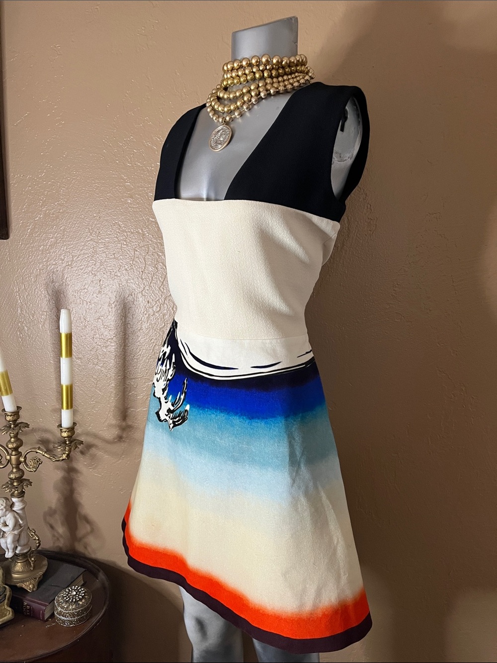 Carven Black & Cream Ombre Mini Dress with Blue and Orange Accents.  SZ 38 EUC